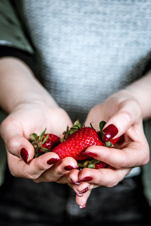 Fresh strawberries in a girl handsの写真素材