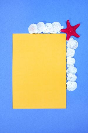 Starfish and seashells on a yellow and blue backgroundの写真素材