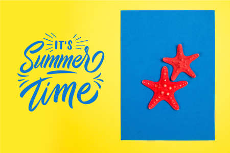 Red starfishes on a blue and yellow background with the text Summer Time