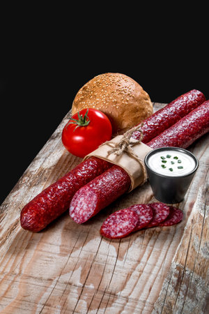 Dry meat sausage on a wooden plate with vegetablesの写真素材