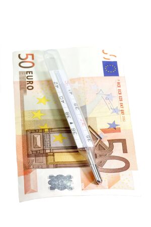 Clinical thermometer on fifty Euro bill - isolated on whiteの写真素材