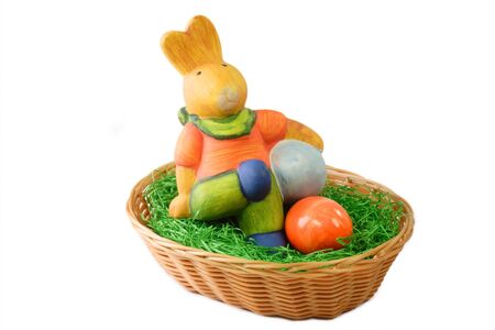 Colorful easter decoration with bunny on bright backgroundの写真素材