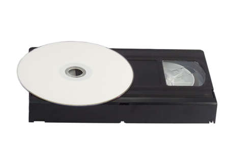 Videocassette and digital versatile disc isolated on white background