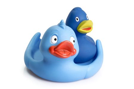Blue rubber ducks bath toy isolated on white backgroundの写真素材
