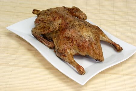 Fresh roasted duck on bright backgroundの写真素材