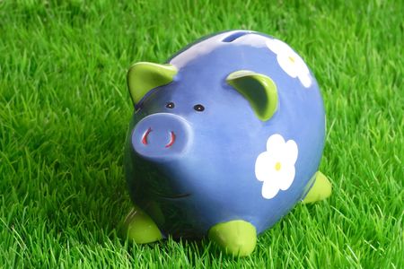 Decorativ piggy bank on green grass backgroundの写真素材