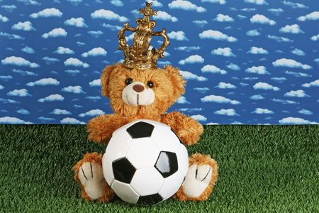 Cute teddy bear with a soccerball onb right backgroundの写真素材