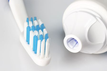 Dental care products on bright backgroundの写真素材