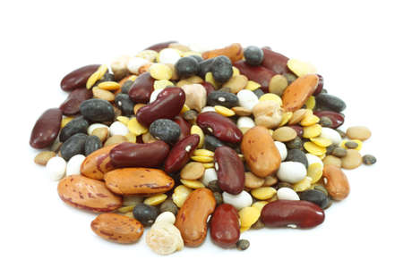 Dried legumes and cereals on a white backgroundの写真素材