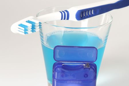 Dental care products on bright backgroundの写真素材