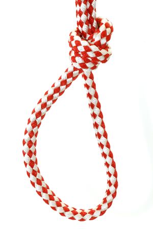 Rope with knot close up. Isolated on white background.の写真素材