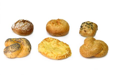Fresh delicious bread rolls on white backgroundの写真素材
