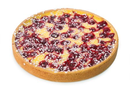 Cherry cake with vanilla custard, isolated on whiteの写真素材