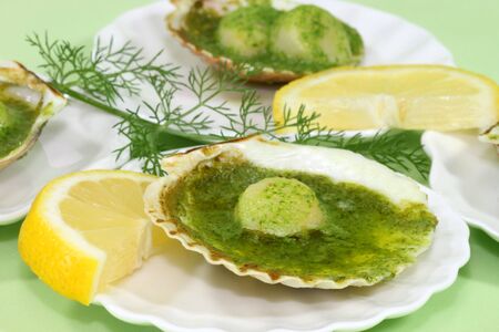 Delicious scallop prepared in shell with herb butter.の写真素材