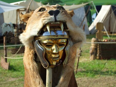 Mask of a lion. Roman military symbol.の写真素材