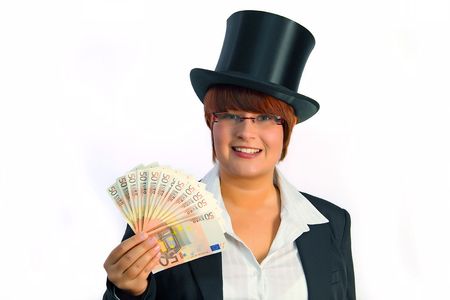 Attractive business woman with Euro banknotes and hat a over white backgroundの写真素材