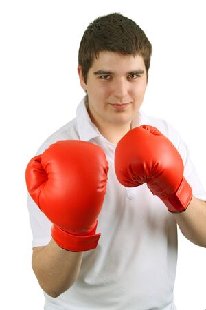 Casual man in red boxing gloves. Isolated over white background.の写真素材