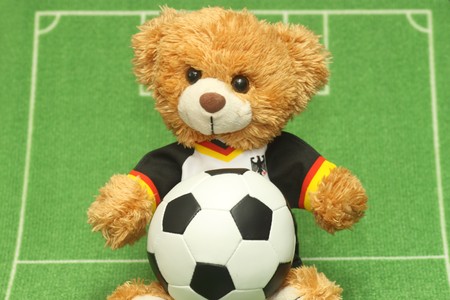 Teddy bear with football shirt on lawn backgroundの写真素材