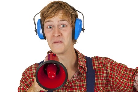 Young handcrafter with megaphone isoladet on white backgroundの写真素材