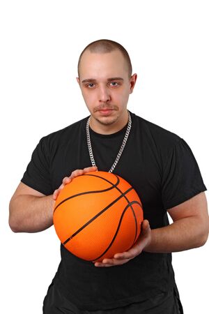 Young athletic man with basketball on white backgroundの写真素材