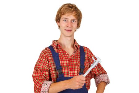 Young precision mechanic isolated on white backgroundの写真素材