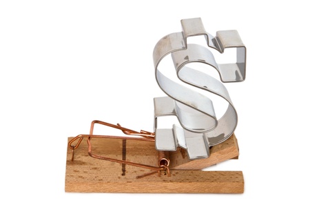 Dollar sign with mouse trap on whie backgroundの写真素材