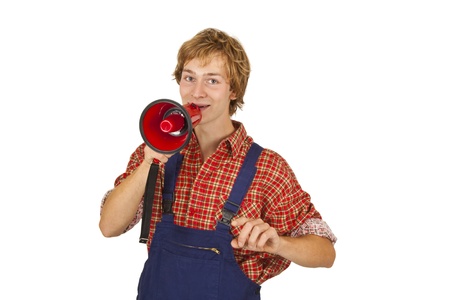 Young handcrafter with megaphone isoladet on white background

の写真素材