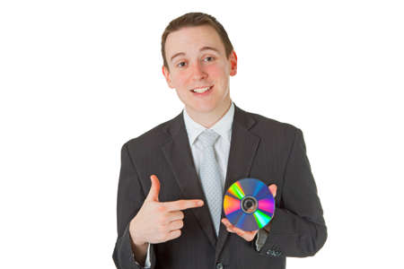 Businessman with memory disk over white backgroundの写真素材