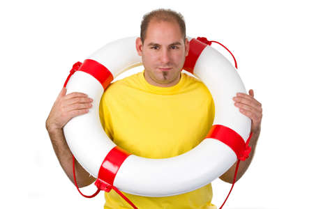 Young man with life belt isolated on white backgroundの写真素材