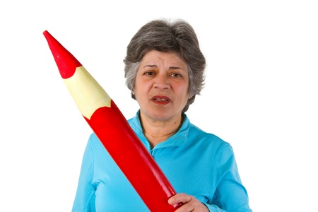 Female senior with red pencil - isolated on white background
の写真素材