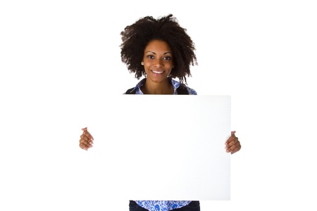 Beautiful afro american Woman  with blank whiteboard - isolated on white backgroundの写真素材