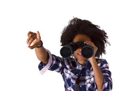 Young afro american with Binoculars - isolated on white backgroundの写真素材