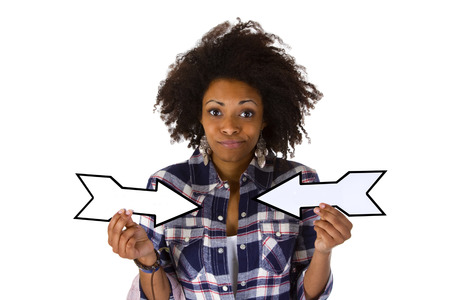 Young african american holding blank arrows - isolated on white background