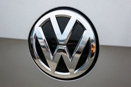 HUETTENBERG, GERMANY JULY, 2017: Volkswagen VW plate logo on a car front. Volkswagen is a famous European car manufacturer company based on Wolfsburg Germany.のeditorial素材