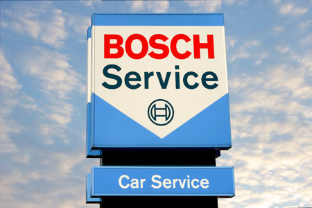 WETZLAR, GERMANY JULY 2017, BOSCH CAR SERVICE chain sign. BOSCH CARSERVICE is a German global car service chain, based in Stuttgart BADEN-WA WURTTEMBERG, Germany.のeditorial素材