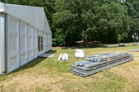 Large Exhibition Tent with glass door in Summer - Outdoor shot.のeditorial素材