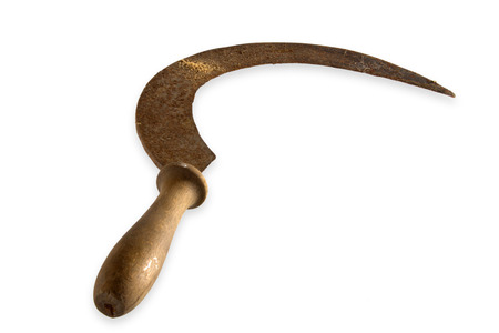 Old rusty sickle isolated on white backgroundの写真素材