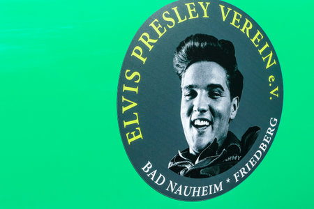 BAD NAUHEIM, GERMANY AUGUST 2017: Elvis Presley Sticker on green car sheet. Picture shot at16 th European Elvis Festivalのeditorial素材