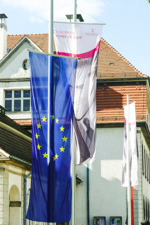 BAD NAUHEIM, GERMANY AUGUST 2017: Flags on 16th European Elvis Festival in memory of Elvis Presley.のeditorial素材