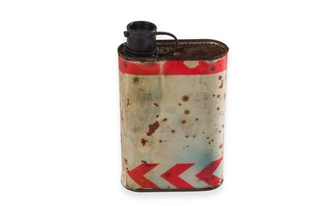 Old weathered tin can isolated on white backgroundの写真素材