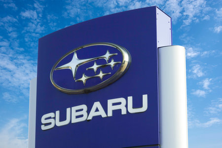 WETZLAR, GERMANY - MARCH 25: Subaru company logo on dealership building on March 25, 2018 in Wetzlar. Subaru admits it allowed unauthorised technicians to inspect vehicles.のeditorial素材