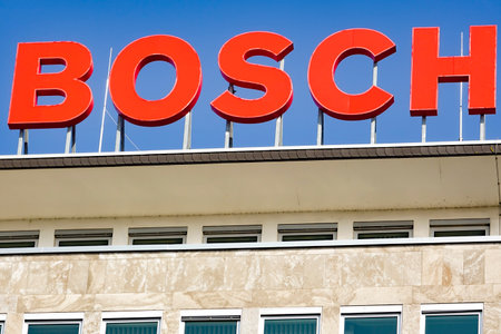 WETZLAR - MARCH 25: Emblem Bosch, March 25, 2018 in Wetzlar, Germany. Robert Bosch GmbH is a multinational engineering and electronics company headquartered in Gerlingen, near Stuttgart, Germanyのeditorial素材