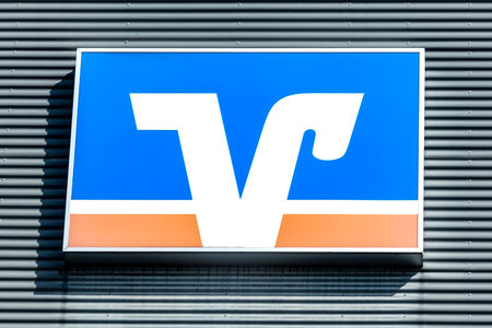 WETZLAR Germany - March 25, 2018: Sign with the logo of the german credit union Volksbank - Raiffeisenbank, Germanyのeditorial素材