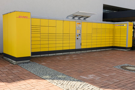 WETZLAR - MARCH 25, 2018: DHL Pack station. The chain of autonomous postal points for self-receipt and sending of postal parcels.のeditorial素材