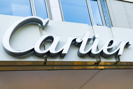 Wiesbaden, Germany - June 03 2018: CARTIER logo on a facade. Cartier is a French luxury goods company which designs and sells jewellery and watchesのeditorial素材