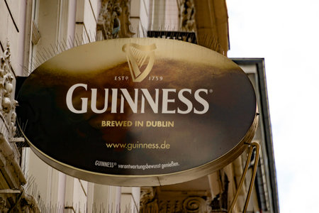 Wiesbaden, Germany - June 03 2018: GUINNESS logo on a facade. GUINESS is a famous irish beer, brewed...