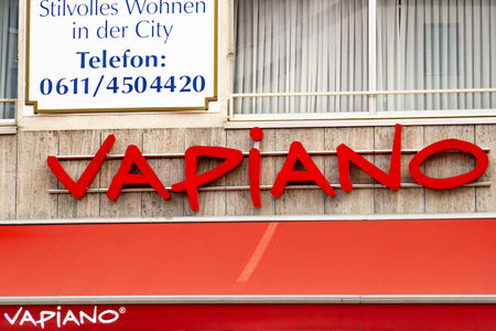 Wiesbaden, Germany - June 03 2018: VAPIANO logo on a facade. VAPIANO is a German restaurant franchise. The chain's restaurants offer Italian food according to the fast-casual principleのeditorial素材