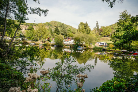 Beautiful camping resort on Lahn River in Germanyのeditorial素材