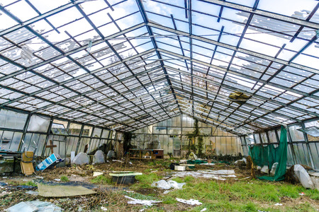 Greenhouse with broken glass, the construction is clearly visible.の写真素材