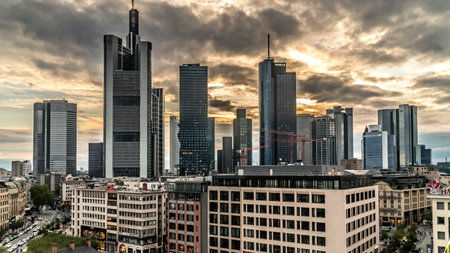 FRANKFURT, GERMANY: October 5th, 2019: City view of central Frankfurt with dramatic cloudsのeditorial素材